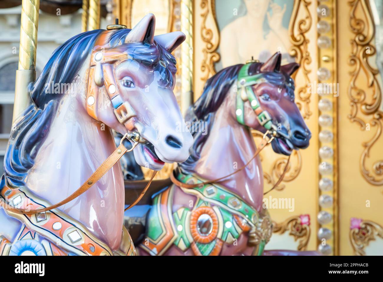 Florence, Italy - Circa March 2022: vintage carousel horse - antique attraction. Stock Photo