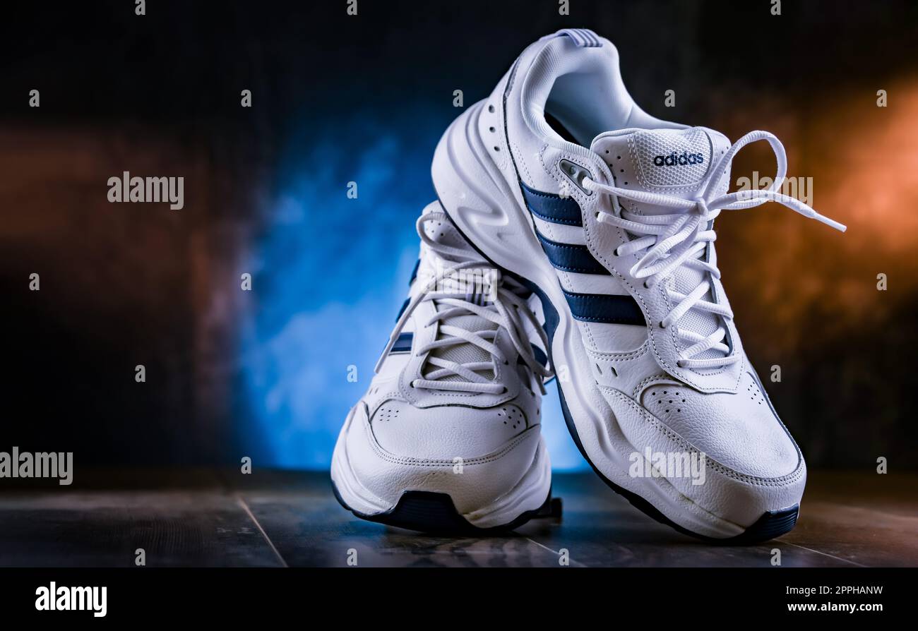 POZNAN, POL OCT 13, 2022 A pair of Adidas sport shoes, the brand of
