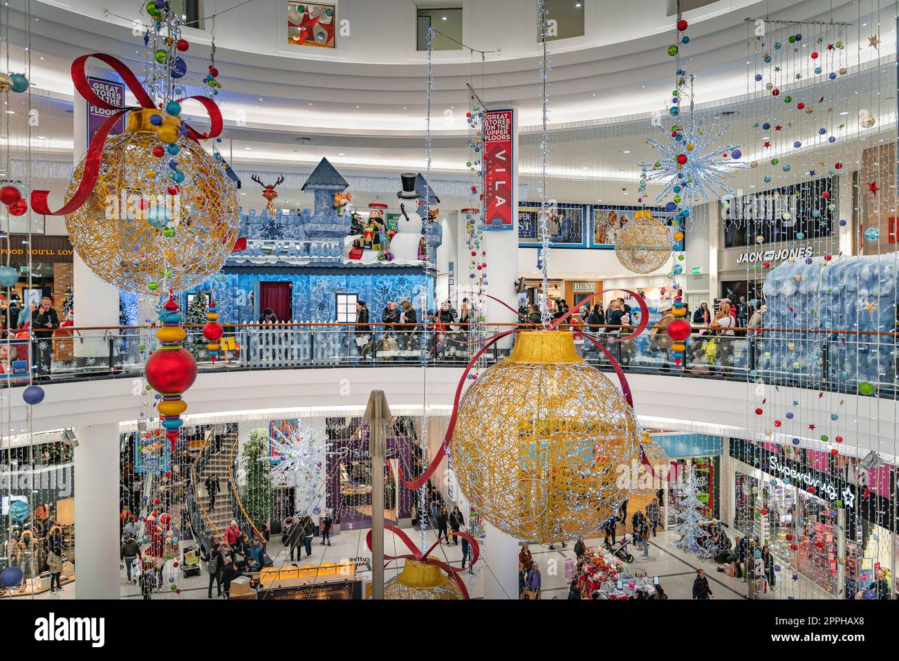 Large Christmas balls and decorations in Jervis Shopping Centre, Dublin
