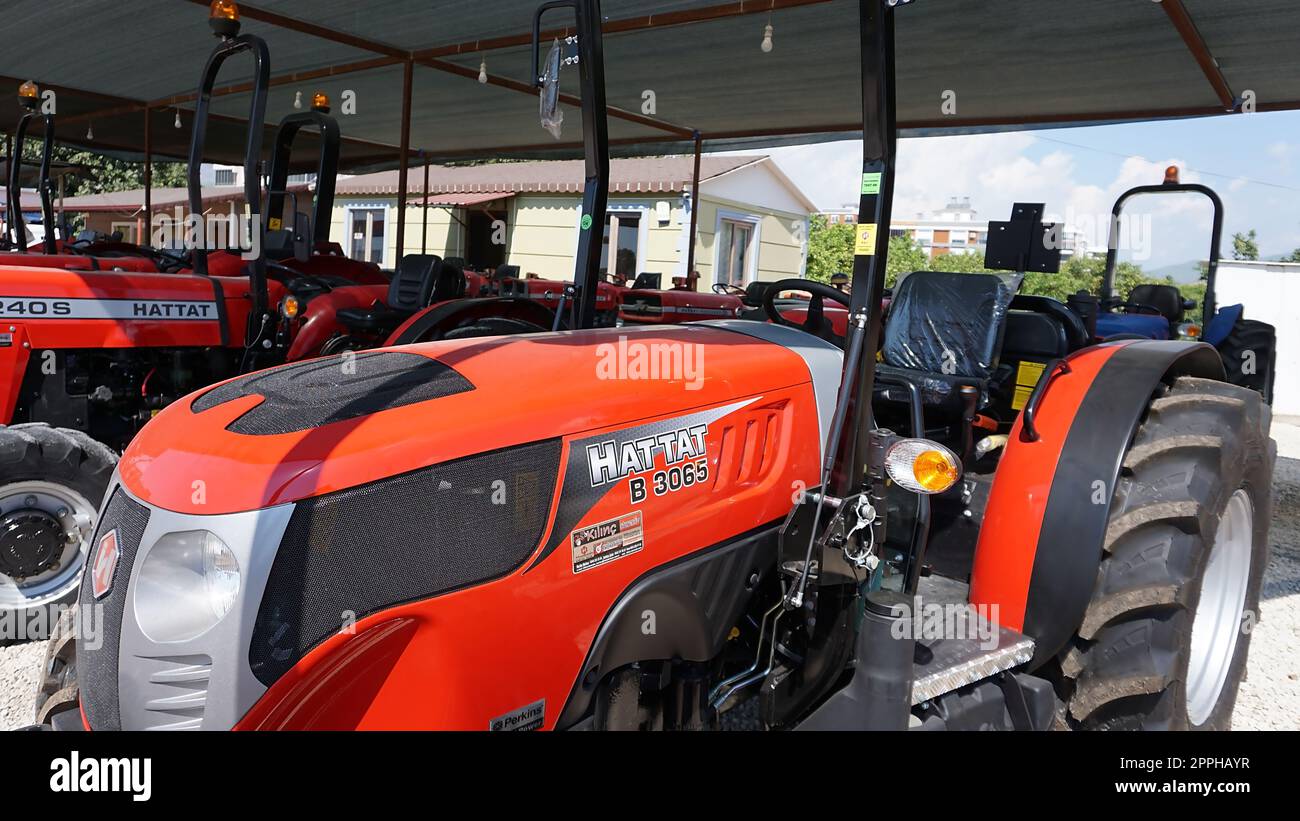 Bucharest, Romania - September 12, 2022: ISEKI Tractor hattat b 3065, Employees are presenting the use of a large-scale tractor Stock Photo