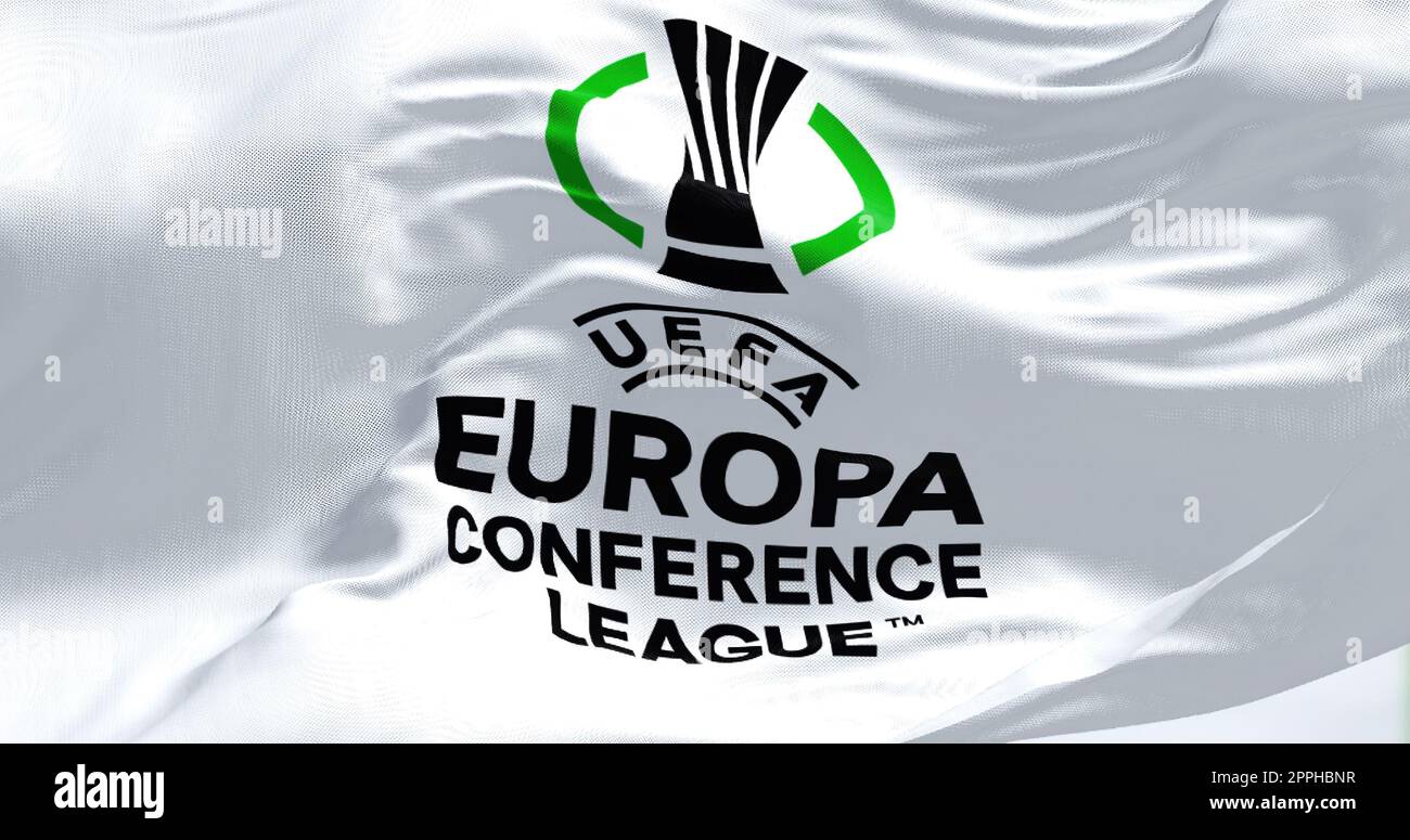 Close-up view of the UEFA Europa Conference League flag waving Stock Photo