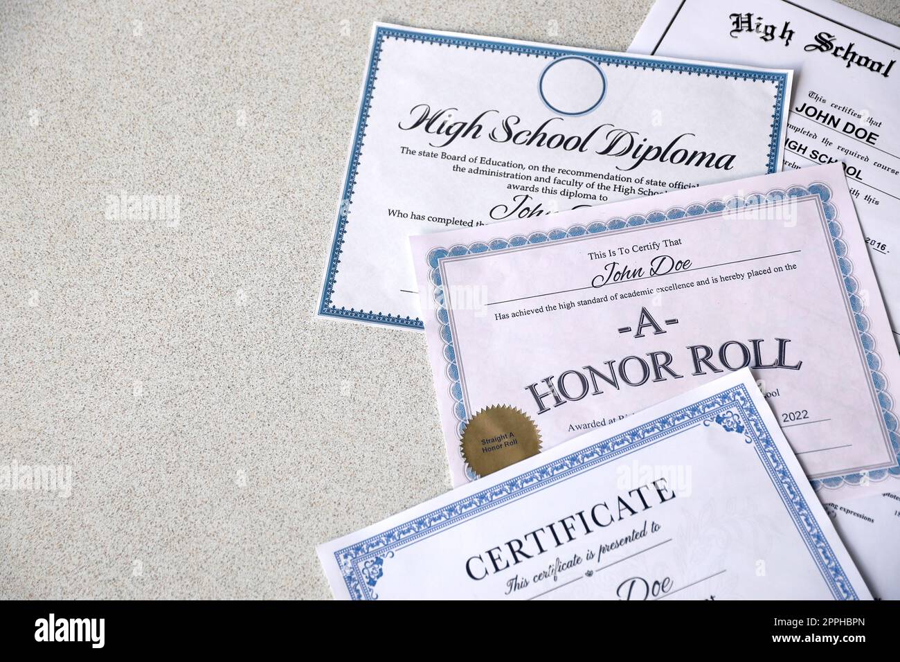 A honor roll recognition, certificate of achievement and high school