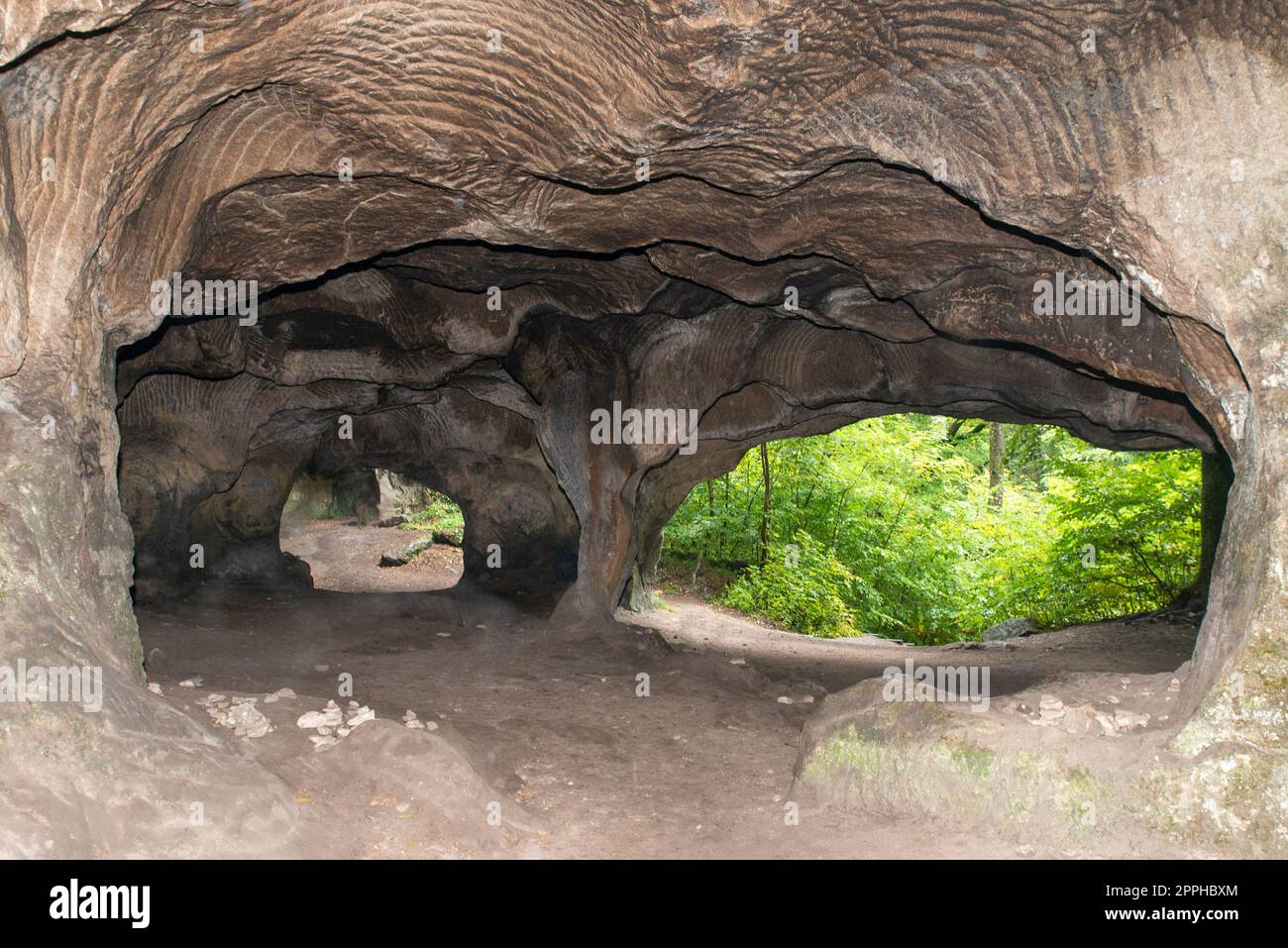 Huel Lee or Hohllay on the Mullerthal trail in Luxembourg, open cave with view to the forest, sandstone rock formation Stock Photo