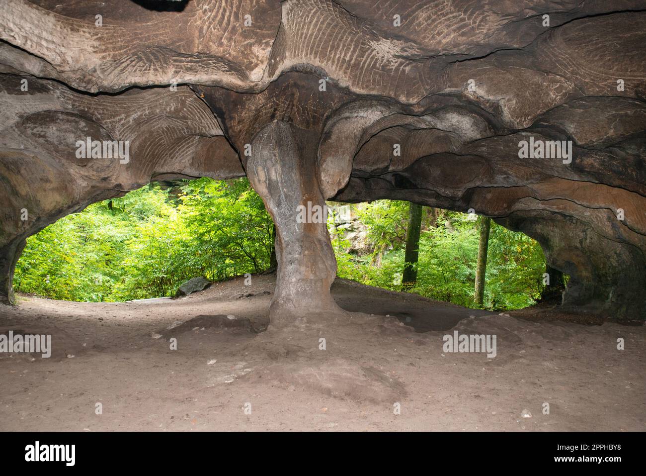 Huel Lee or Hohllay on the Mullerthal trail in Luxembourg, open cave with view to the forest, sandstone rock formation Stock Photo