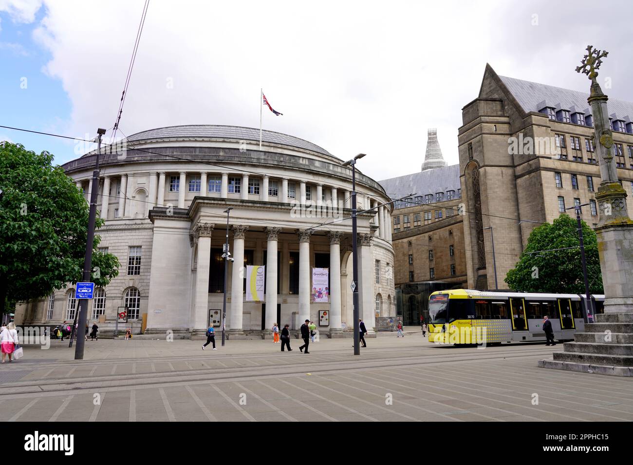 MANCHESTER, UK - JULY 13, 2022: Saint Peter square with Manchester Central Library and Manchester Town Hall Extension in Manchester city center, England, UK Stock Photo