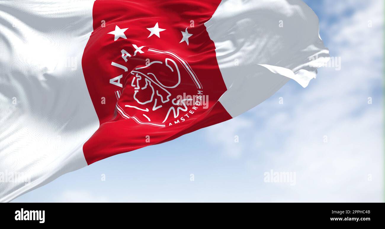 Close-up view of the AFC Ajax flag waving in the wind. Stock Photo