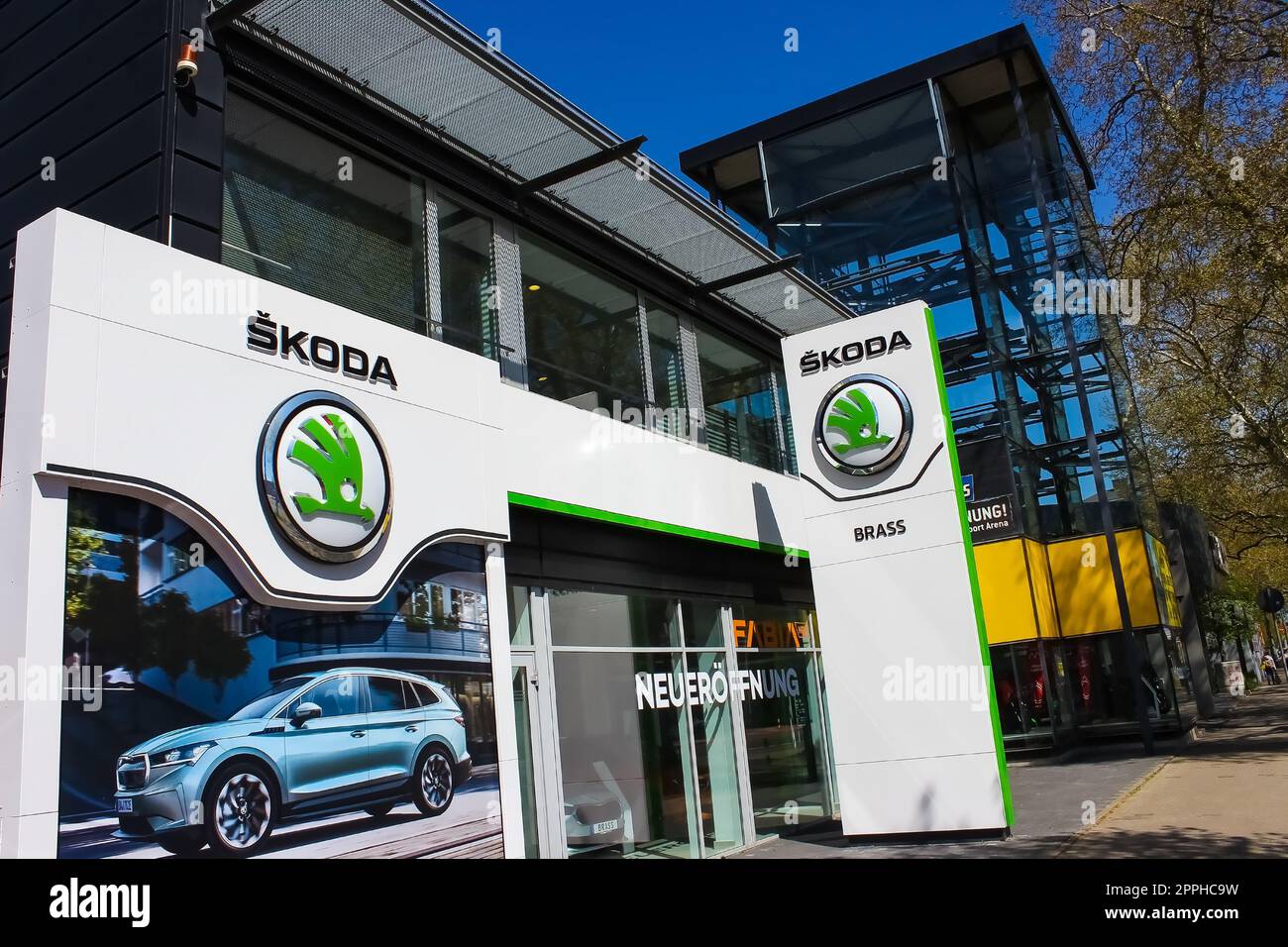 Company store building with an emblem of Skoda Auto. Skoda Auto is Czech automobile manufacturer. Stock Photo