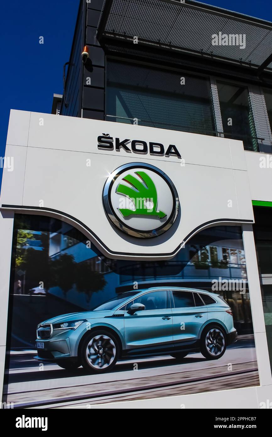 Company store building with an emblem of Skoda Auto. Skoda Auto is Czech automobile manufacturer. Stock Photo