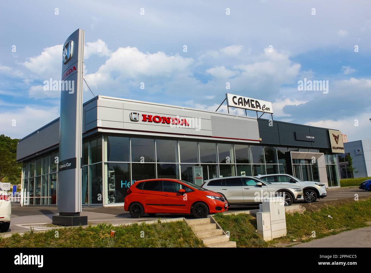 Exterior view of Honda dealership in Slovakia. Honda Motor Company, Ltd. is a Japanese public multinational conglomerate corporation. Stock Photo