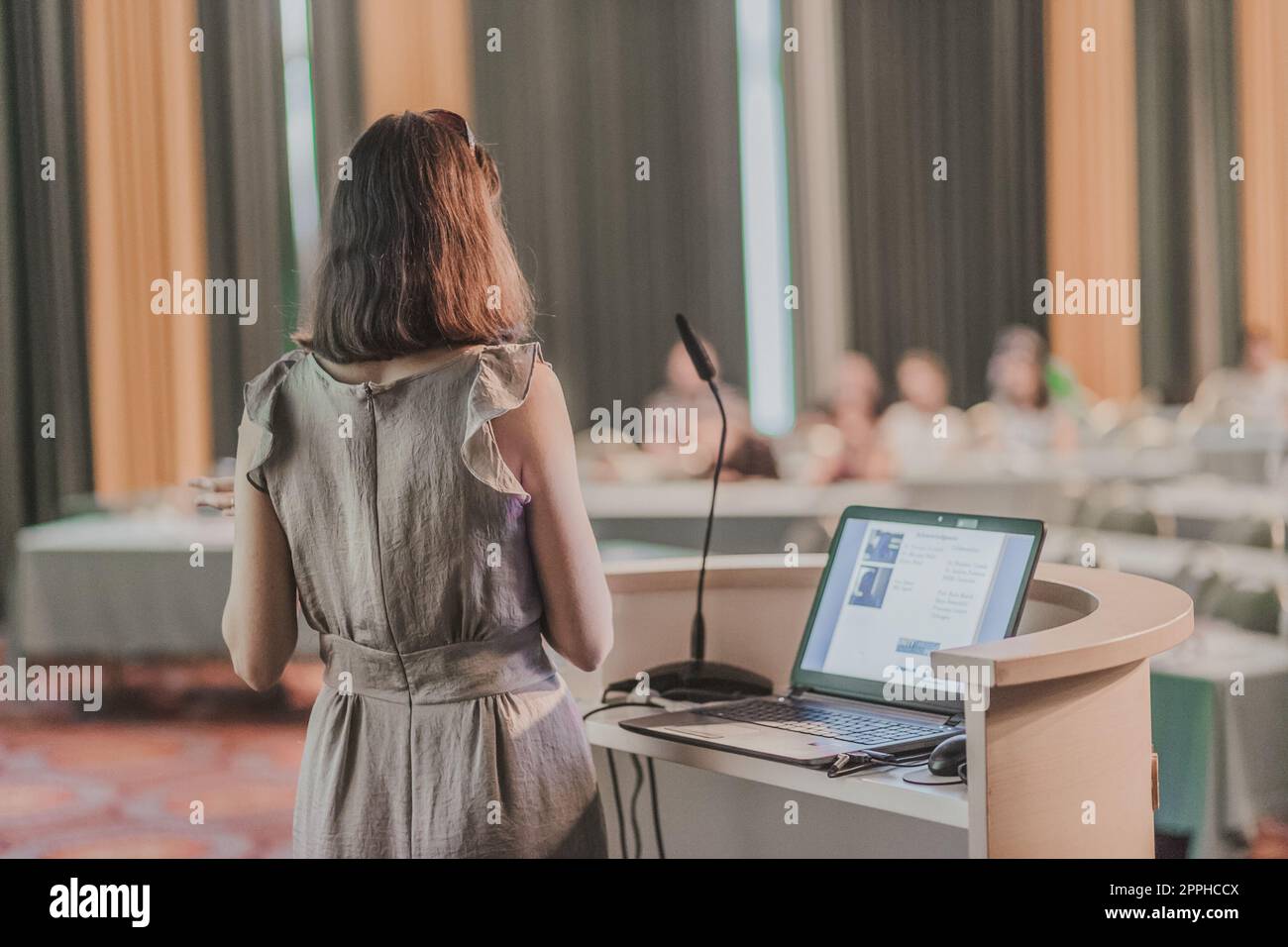 Female speaker at Business Conference and Presentation. Audience at the conference hall. Business and Entrepreneurship. Business woman. Horizontal composition Stock Photo