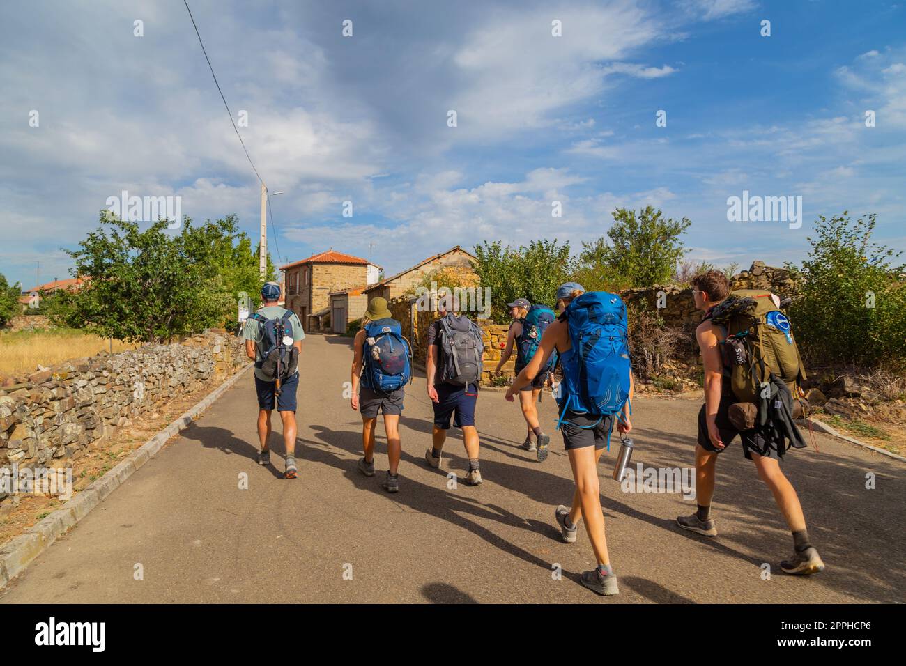 Pilgrims walk along the Camino De Santiago Stock Photo