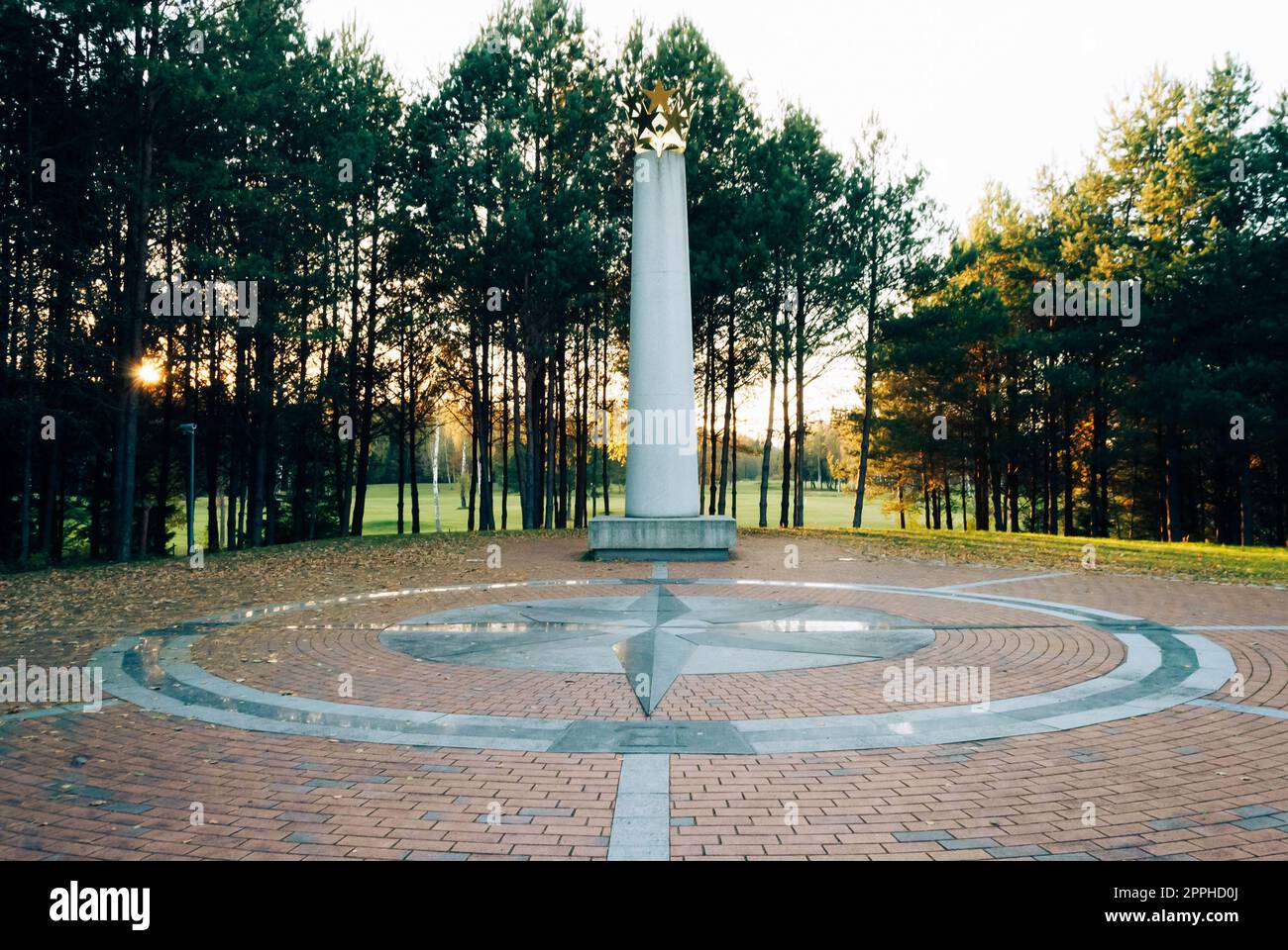 Purnushkes, Lithuania - 2021.10.09: Obelisk by sculptor Gediminas Jokubonis on the site of the geographical center of Europe Stock Photo