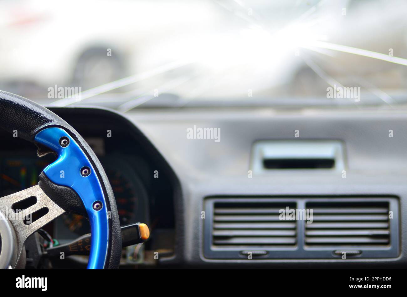 Interior of a car during a traffic accident Stock Photo