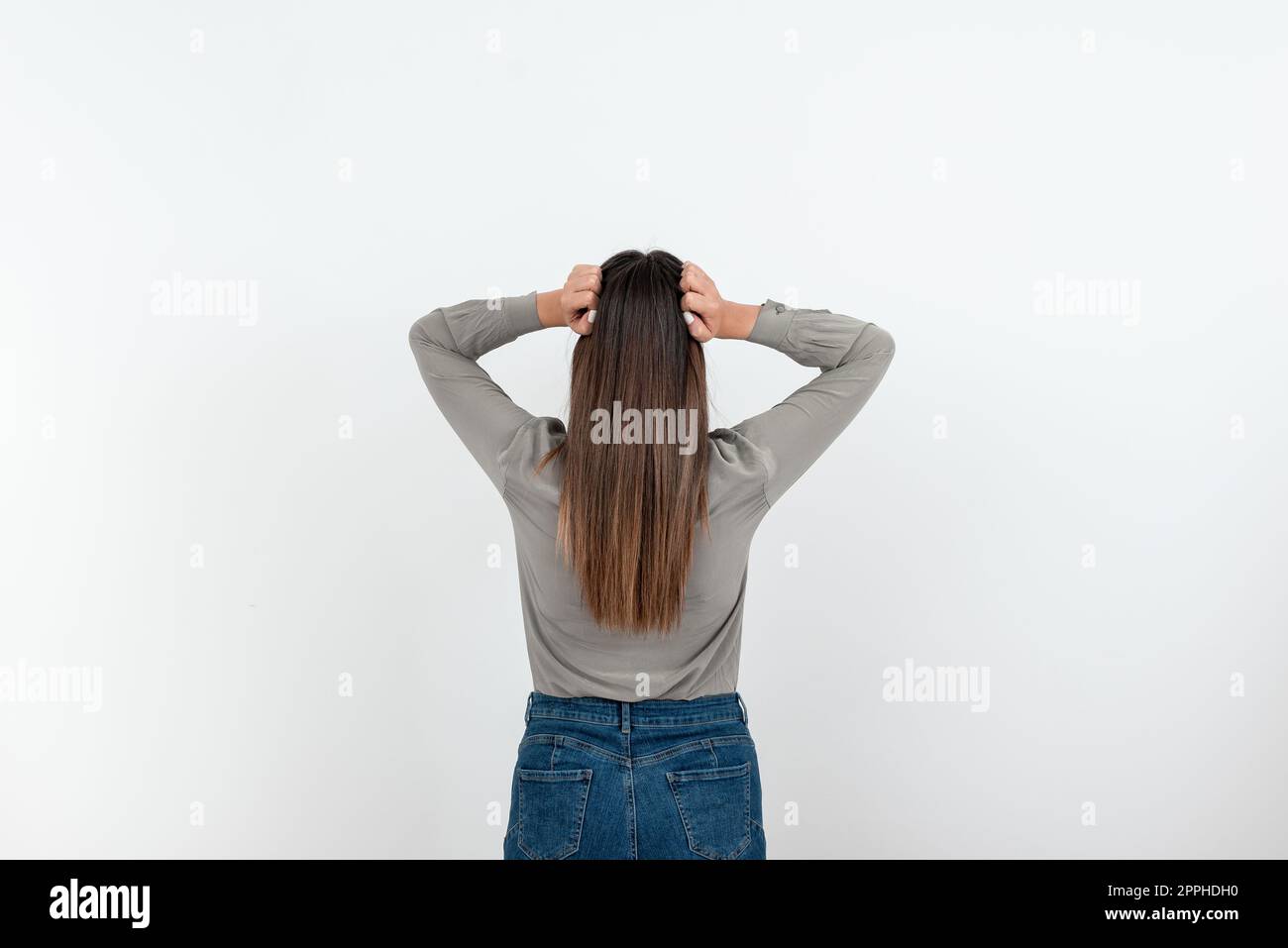 Woman Standing Backwards Coming Up With New Amazing Ideas. Businesswoman Thinking Deeply For Old Wonderful Plans. Guy Brain Storming Brilliant Strategies. Stock Photo