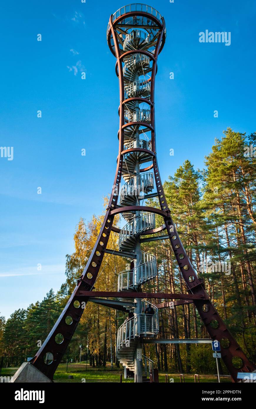 Labanoras Regional Park Tower, Lithuania. The tallest observation tower in Lithuania on the shore of Lake Baltieji Lakajai in Labanoras Regional Park. Stock Photo