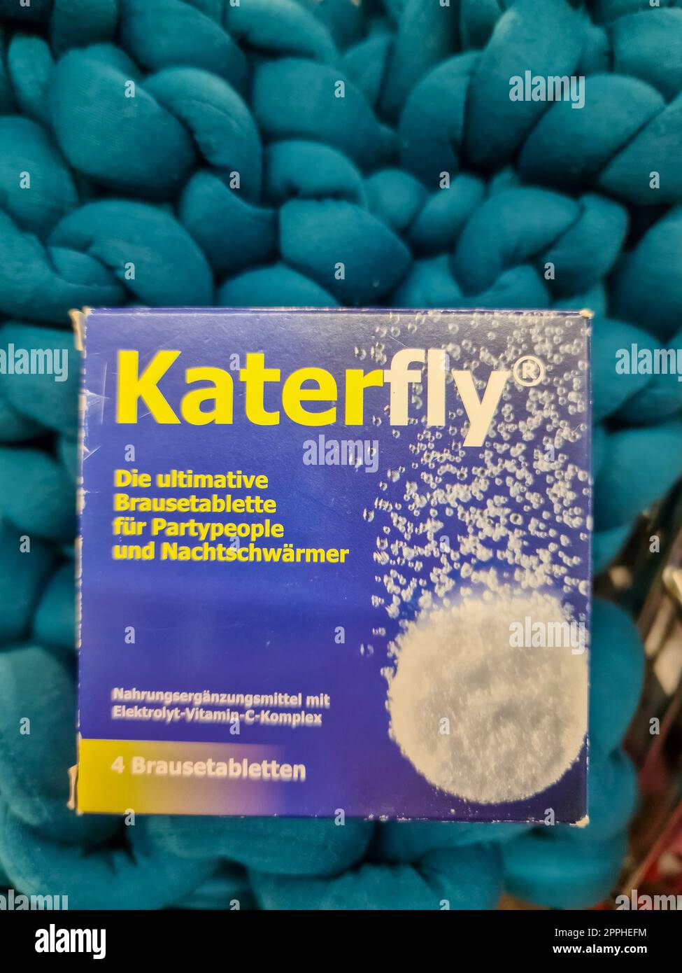 Kiel, Germany - 03. October 2022: A product package of the Katerfly brand for a medicine to treat the after-effects of alcohol consumption. Stock Photo