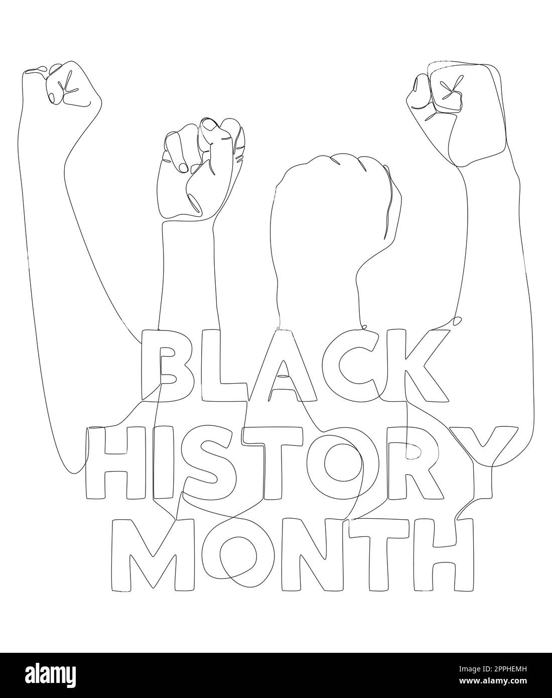 One continuous line of Black History Month text and Clenched, raised fist. Stock Vector