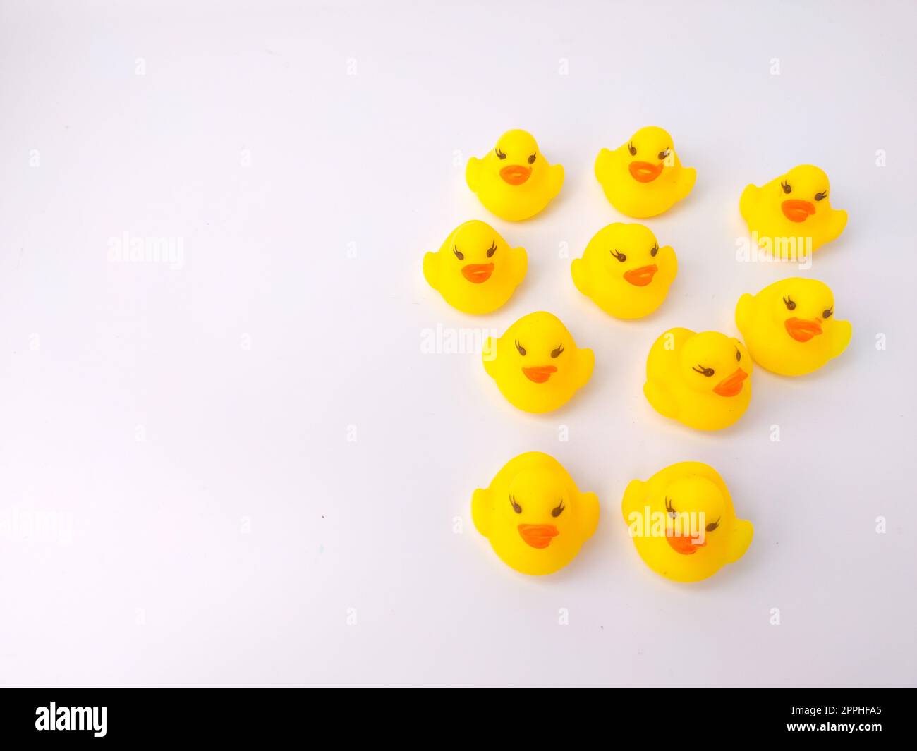 A group of toy ducks gathered on a white background Stock Photo - Alamy