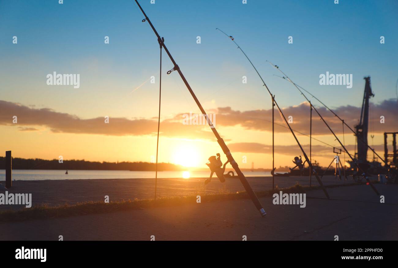 Fishing rod, spinning reel on the background pier river bank. Sunrise. Fog against the backdrop of lake. Misty morning. wild nature. The concept of rural getaway. Article about fishing day. Stock Photo