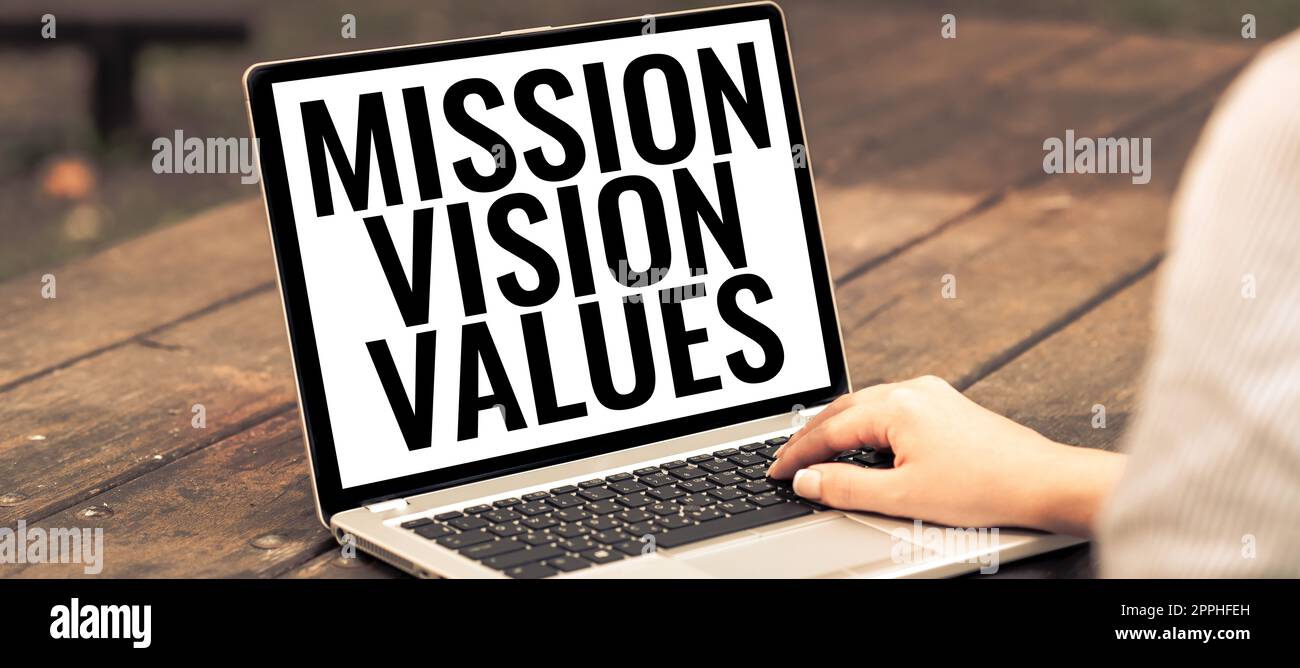 Text caption presenting Mission Vision Values. Word for company business profile goal and care statement Stock Photo