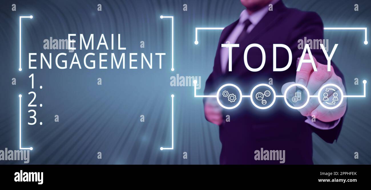 Inspiration showing sign Email Engagement. Concept meaning email sent out to inform the audience of the latest news Man With A Pen Pointing On Digital Symbols Showing Creative Ideas. Stock Photo
