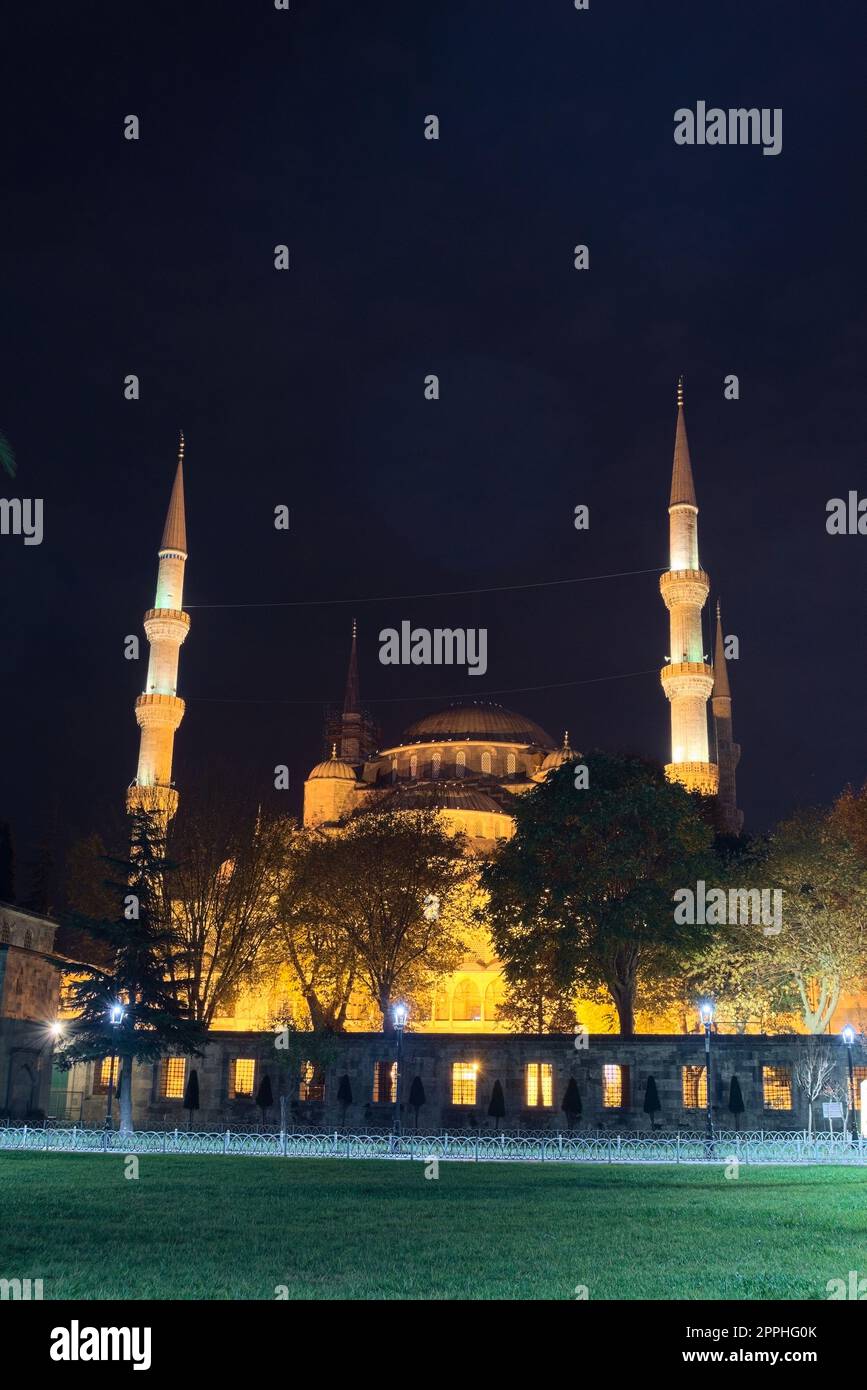 Hagia Sophia at night. This was a Greek Orthodox Christian cathedral, later an Ottoman imperial mosque and a museum in the present day. Stock Photo