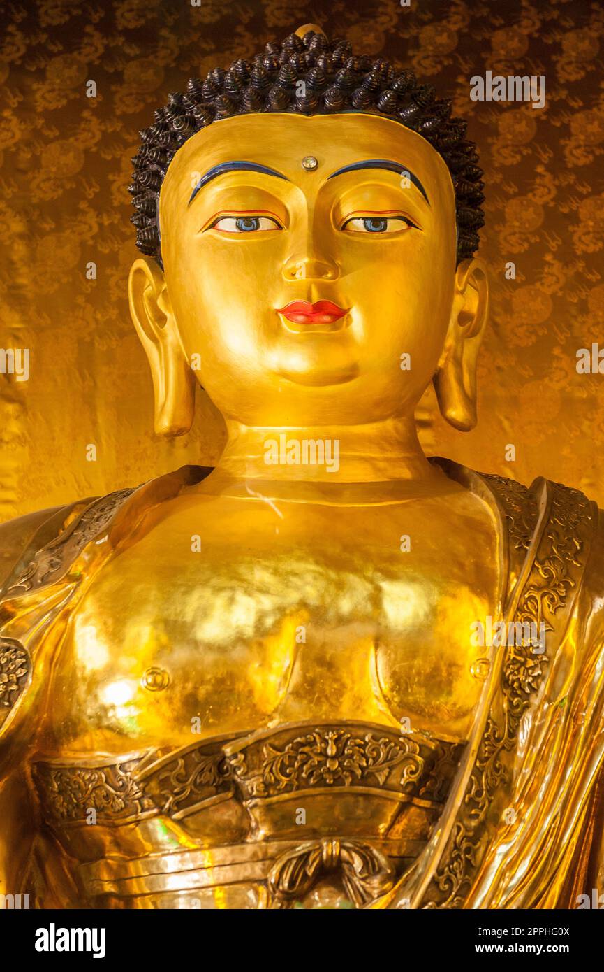 Gilded head and chest of a Buddha figure in a monastery in Mongolia, Central Asia Stock Photo