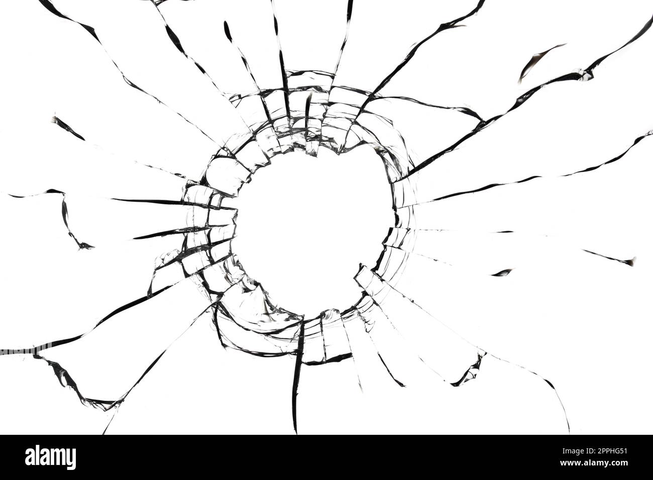 Cracks on a broken window. Texture of broken glass on a white