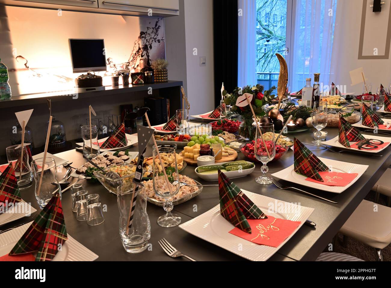 table festively decorated for christmas Stock Photo