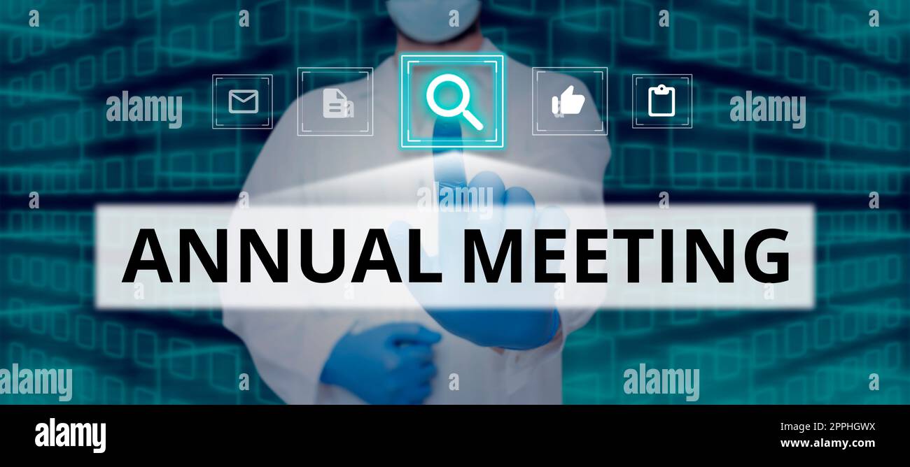 Text caption presenting Annual Meeting. Business concept Yearly gathering of an organization interested shareholders Stock Photo