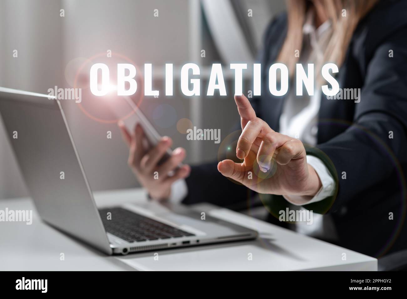 Handwriting text Obligations, Word for Condition of being morally or