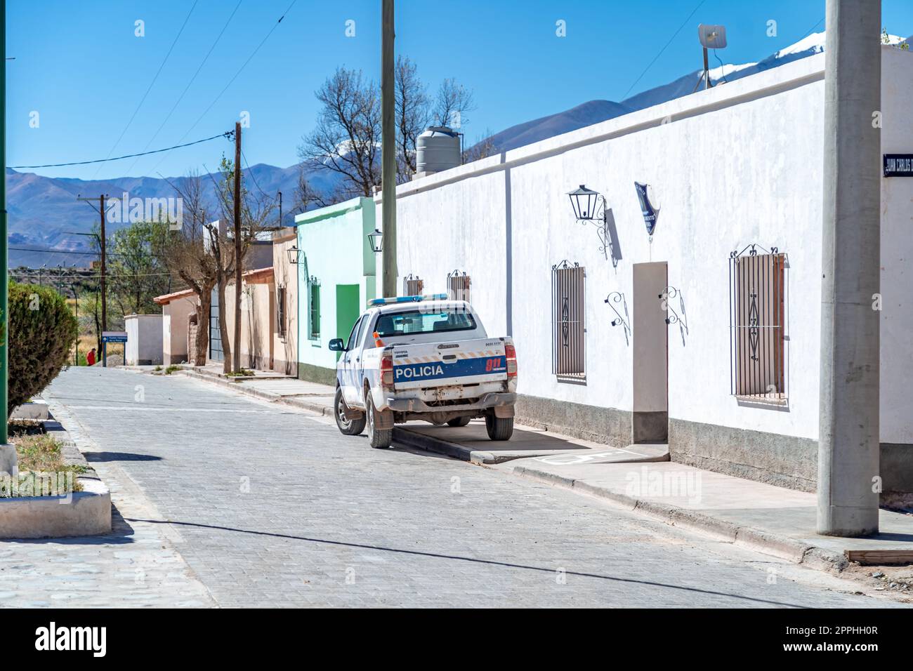 La Poma, Argentina - April 11, 2022: SUV at a police station in a mountain village in the Andes of South America Stock Photo