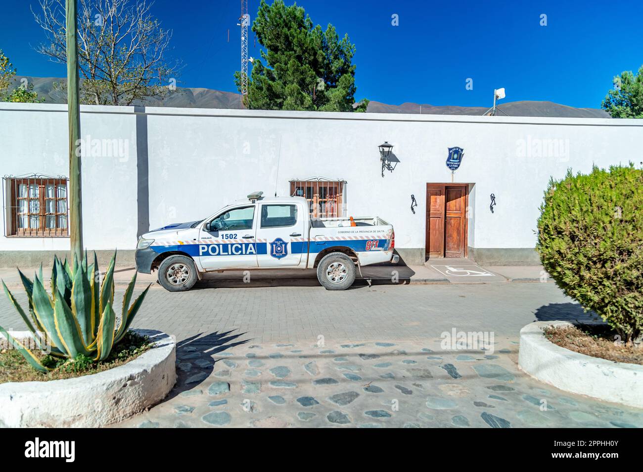 La Poma, Argentina - April 11, 2022: SUV at a police station in a mountain village in the Andes of South America Stock Photo