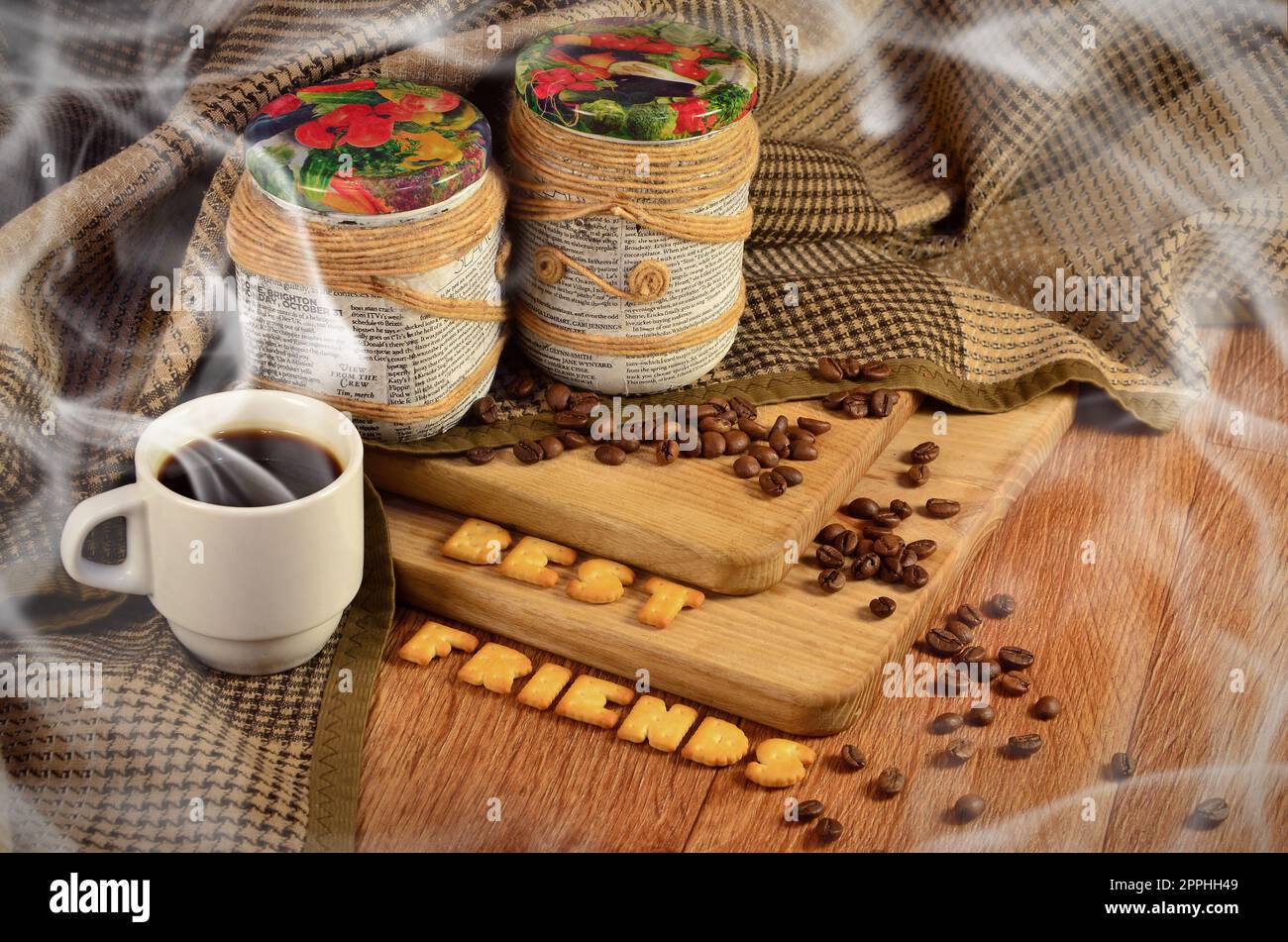Best friends. Coffee cup and a text, composed of crackers Stock Photo