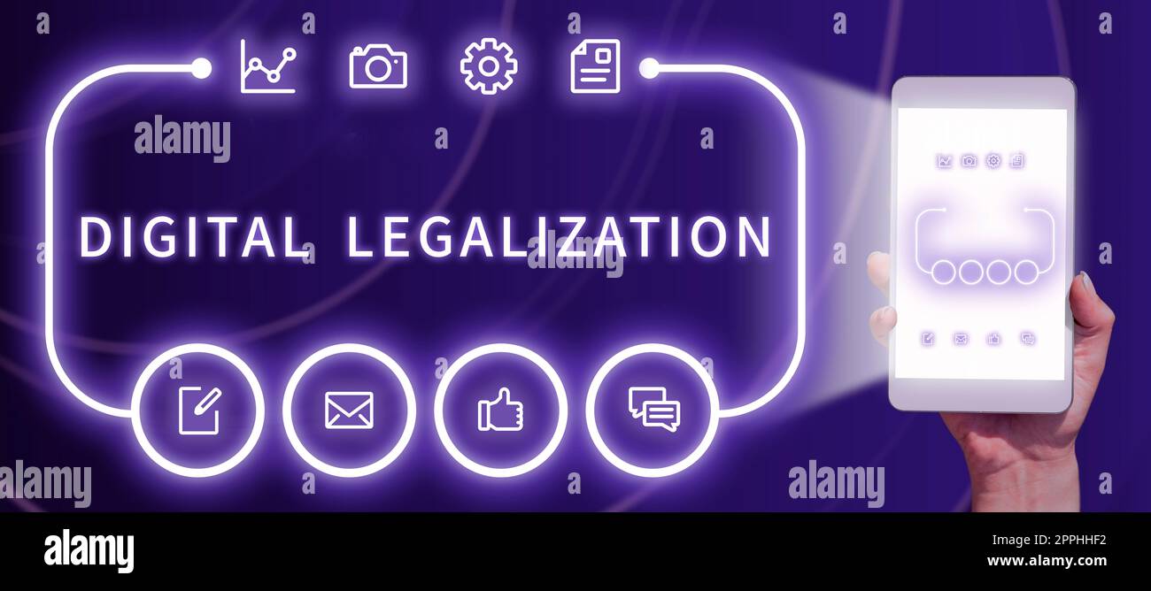 Hand writing sign Digital Legalization. Conceptual photo accompanied by technology or by instructional practice Stock Photo