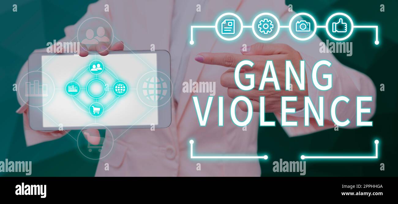 Writing displaying text Gang Violence. Business approach infringement of the laws caused by group of criminals and gangsters Stock Photo