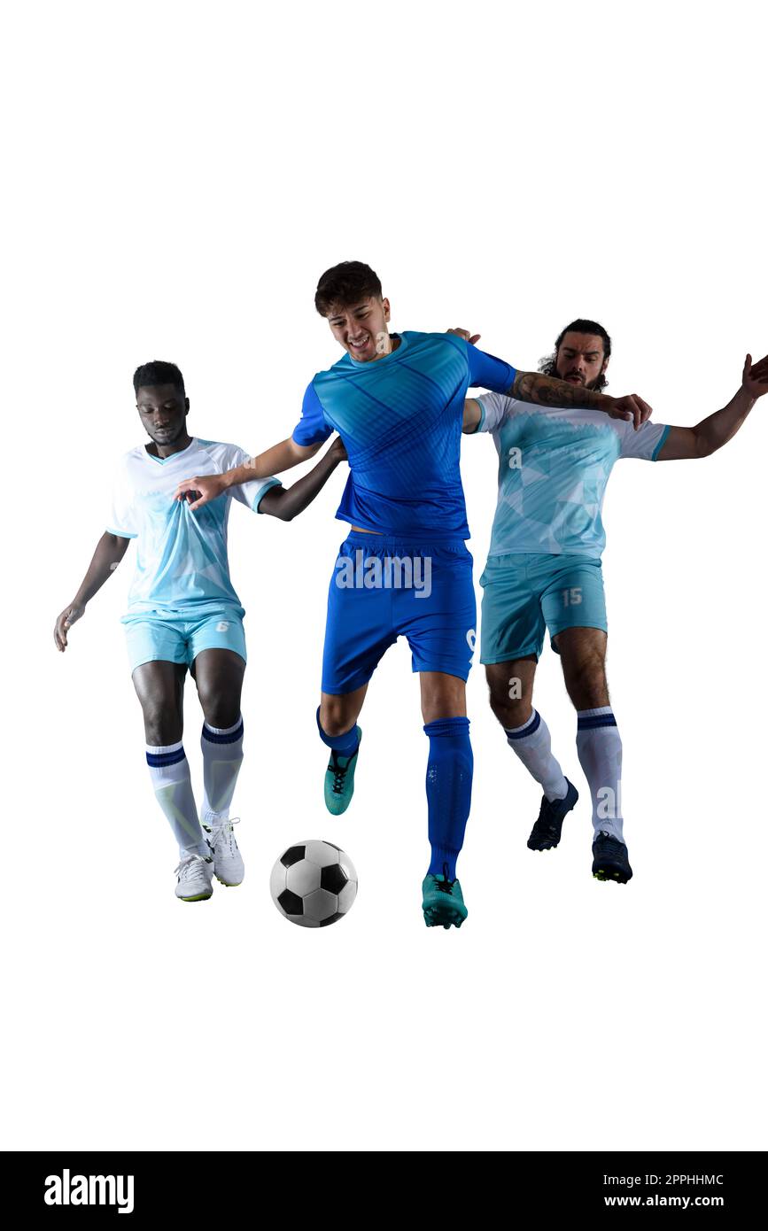 Soccer players play with soccerball in a match Stock Photo