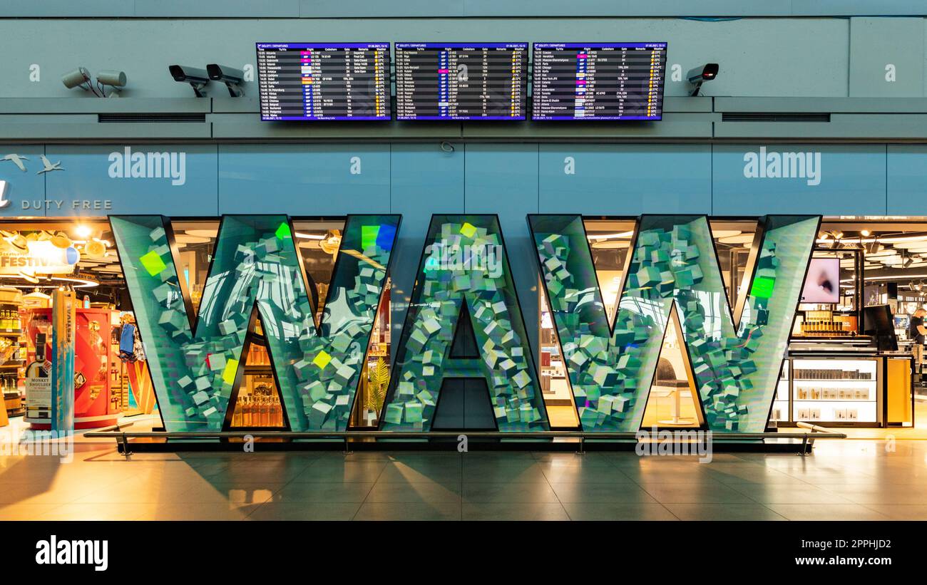 WAW Sign in the Warsaw Chopin Airport Stock Photo