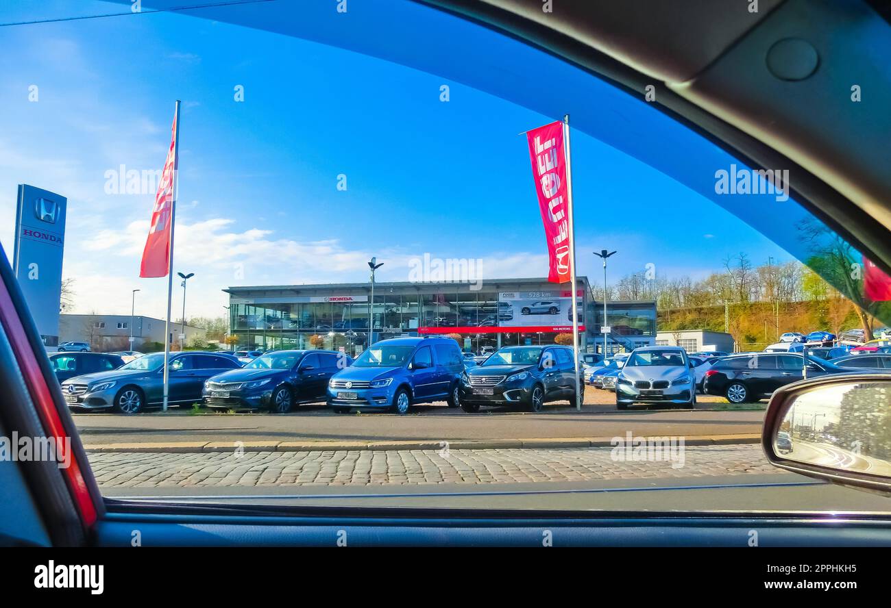 Exterior view of Honda dealership in Dresden, Germany. Honda Motor Company, Ltd. is a Japanese public multinational conglomerate corporation. Stock Photo