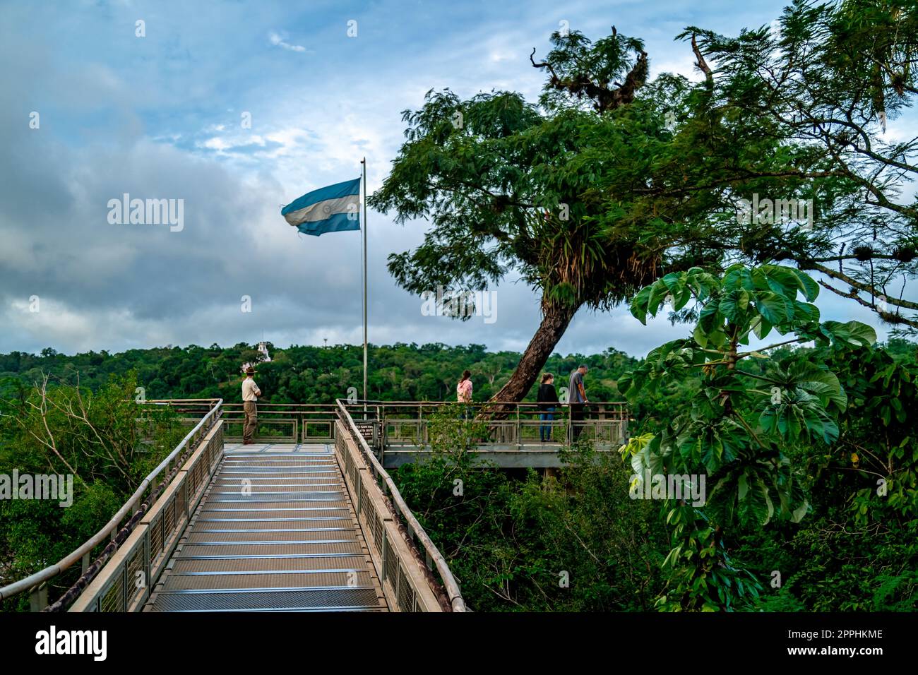 Argentinian flag on the lookout at the Iguazu Falls Stock Photo