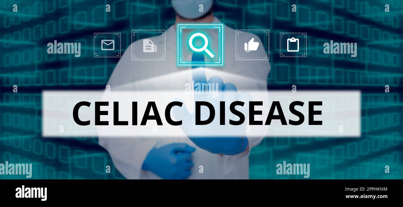 Text sign showing Celiac Disease. Word for Small intestine is hypersensitive to gluten Digestion problem Stock Photo