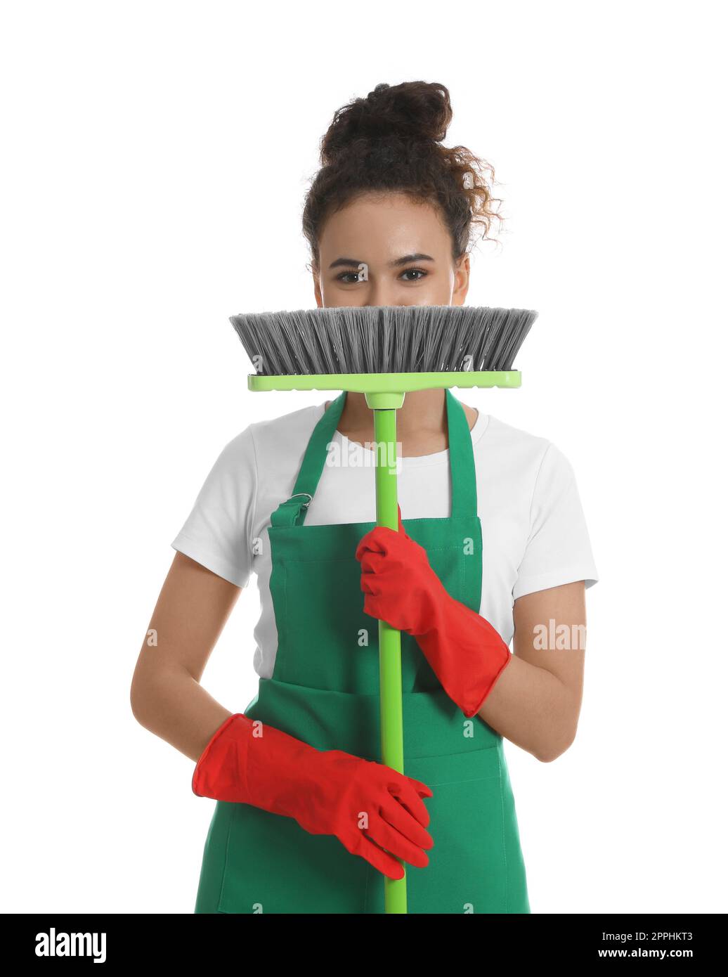 african-american-woman-with-green-broom-on-white-background-stock-photo