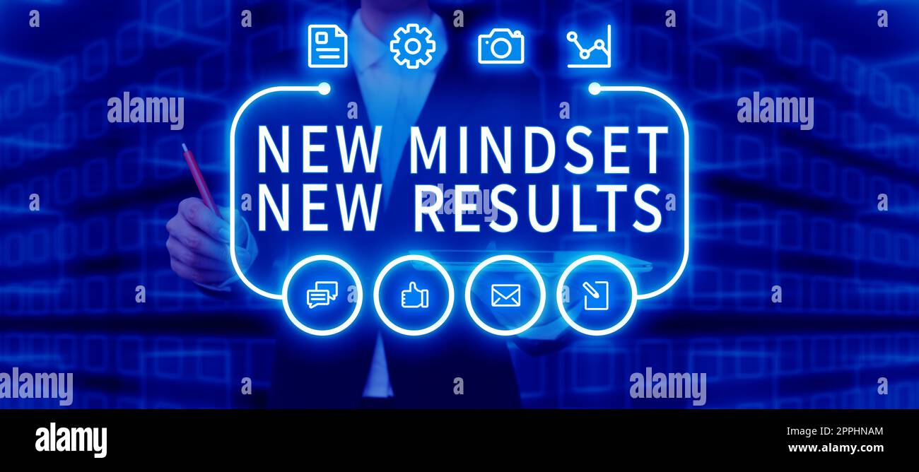 Conceptual caption New Mindset New Results. Business concept Open to Opportunities No Limits Think Bigger Stock Photo