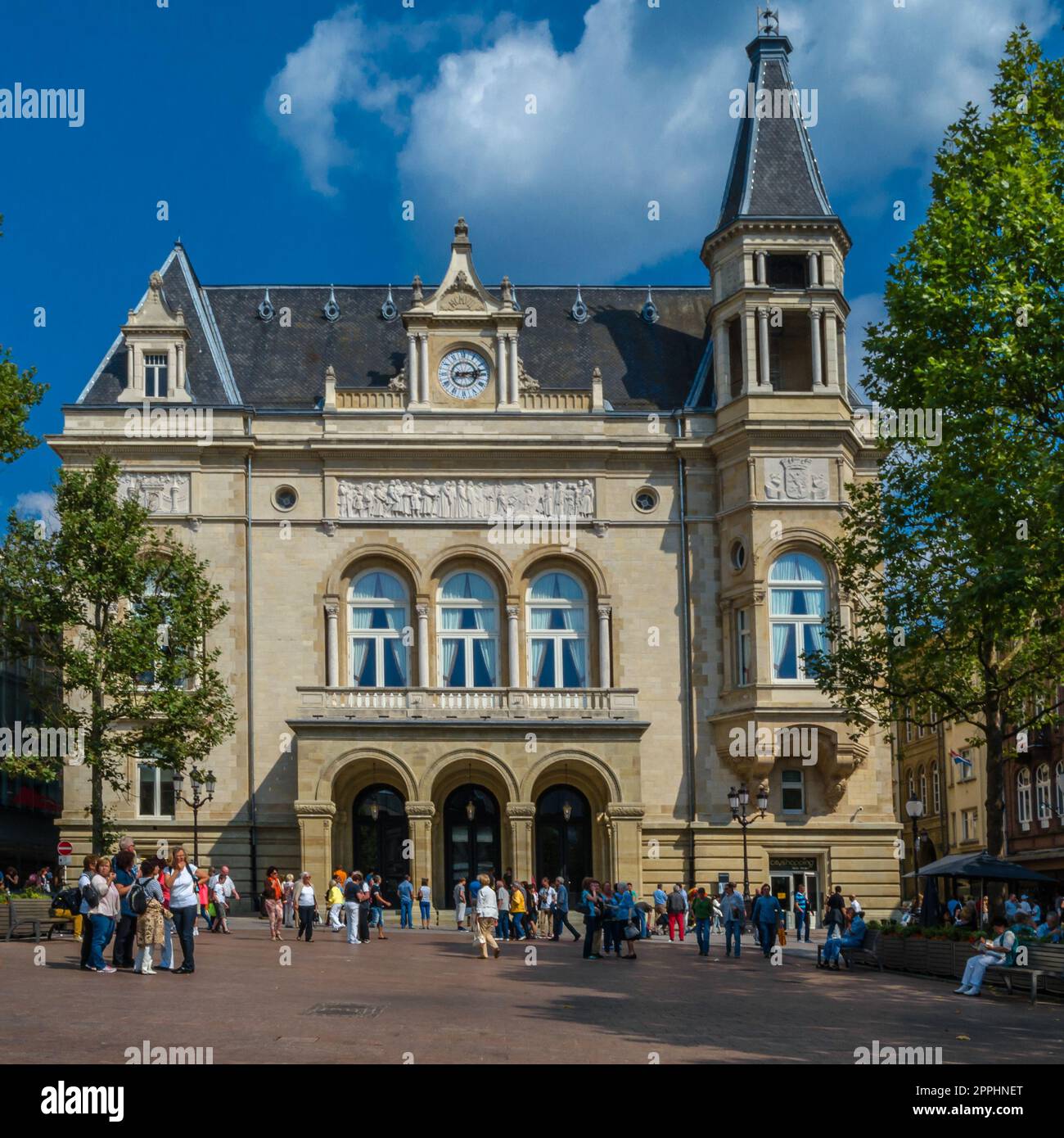 LUXEMBOURG CITY, LUXEMBOURG - AUGUST 28, 2013: Urban scene, people in a central square in the city of Luxembourg Stock Photo