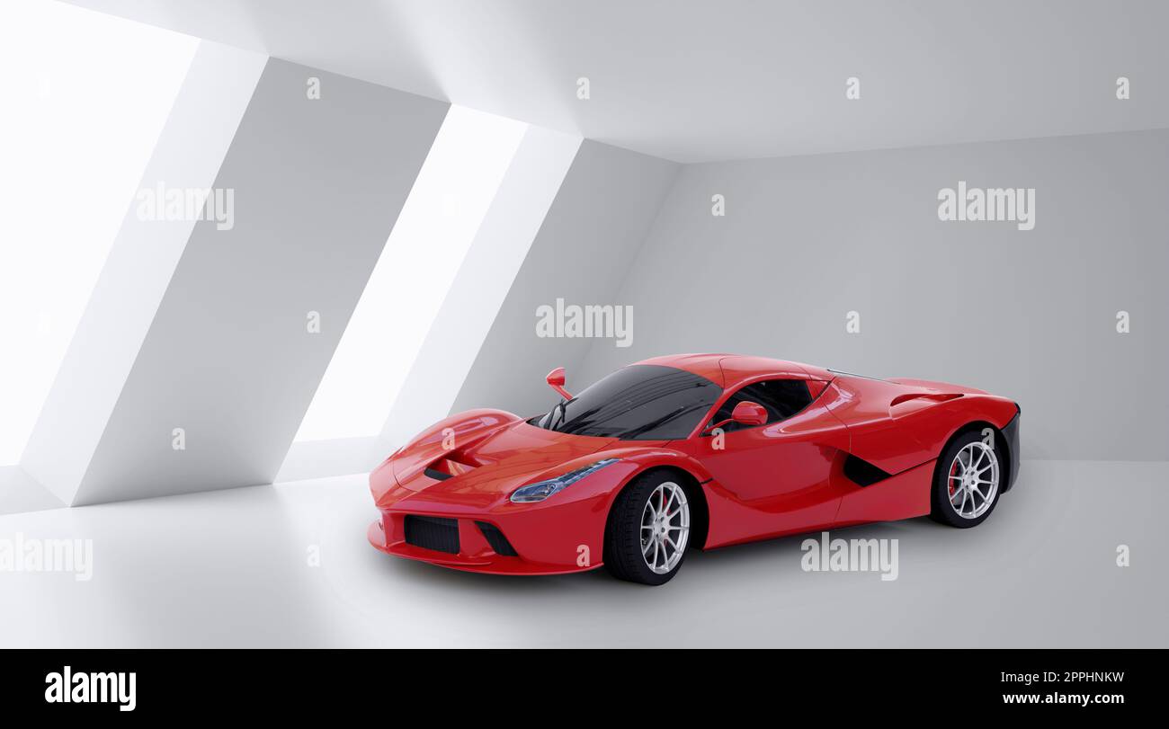 Scarlet red elegant sports car 3DAbstract room white background. 3d render Stock Photo