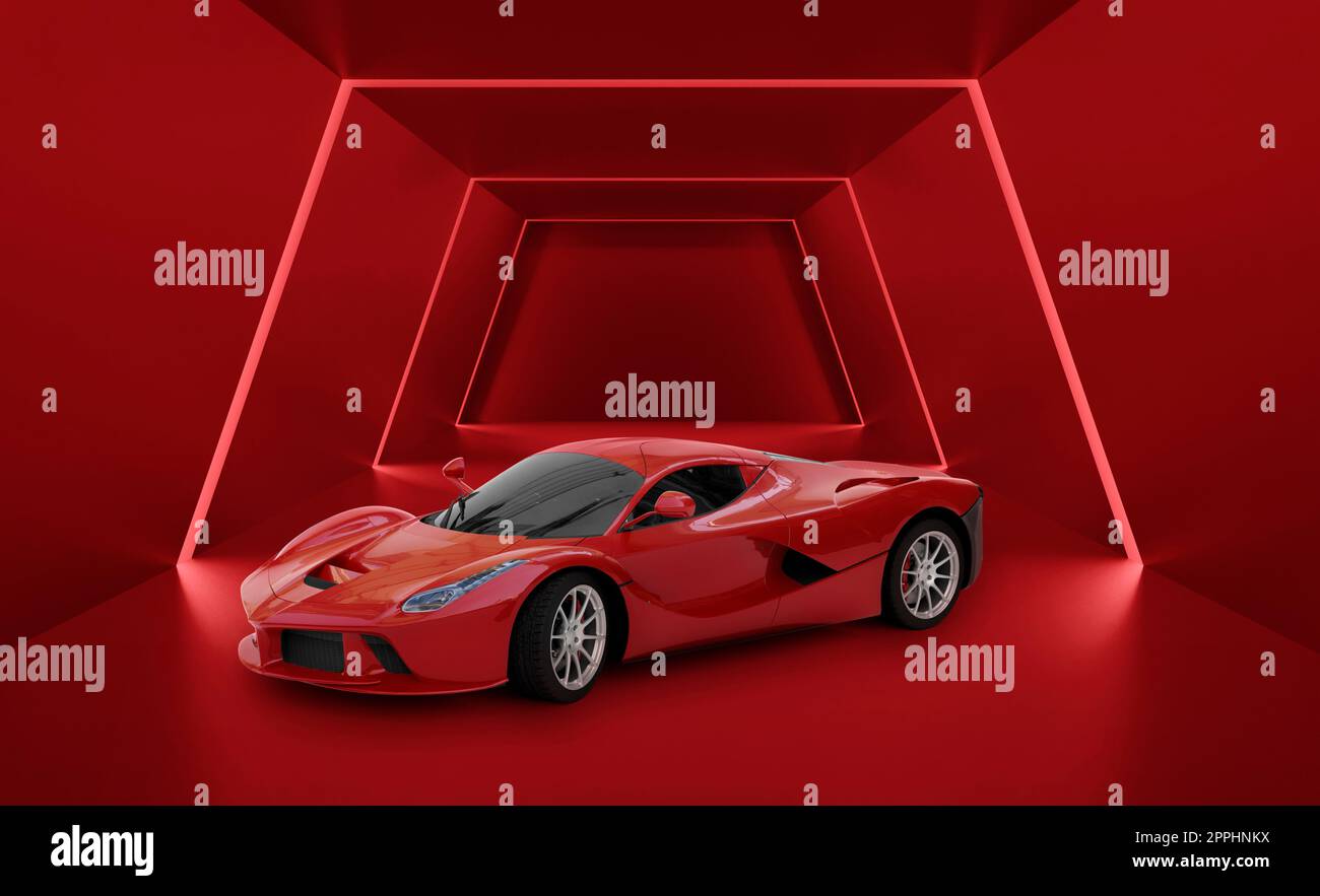Scarlet red elegant sports car and red glowing neon light abstract background, sci-fi, technology concept, product display, showroom. 3D Render Stock Photo