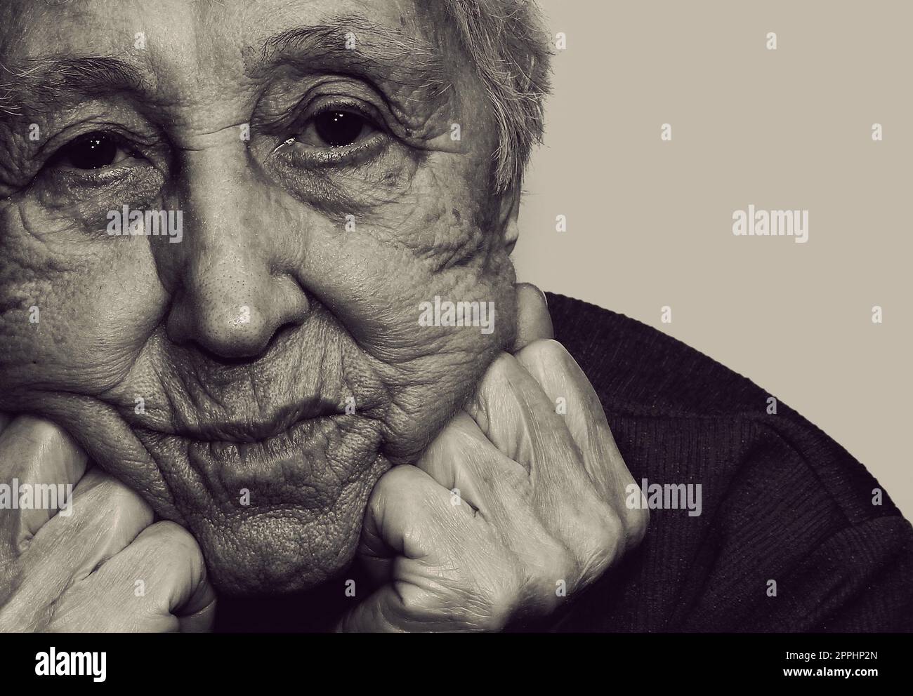 Black and white portrait of an elderly woman. Close-up. Stock Photo