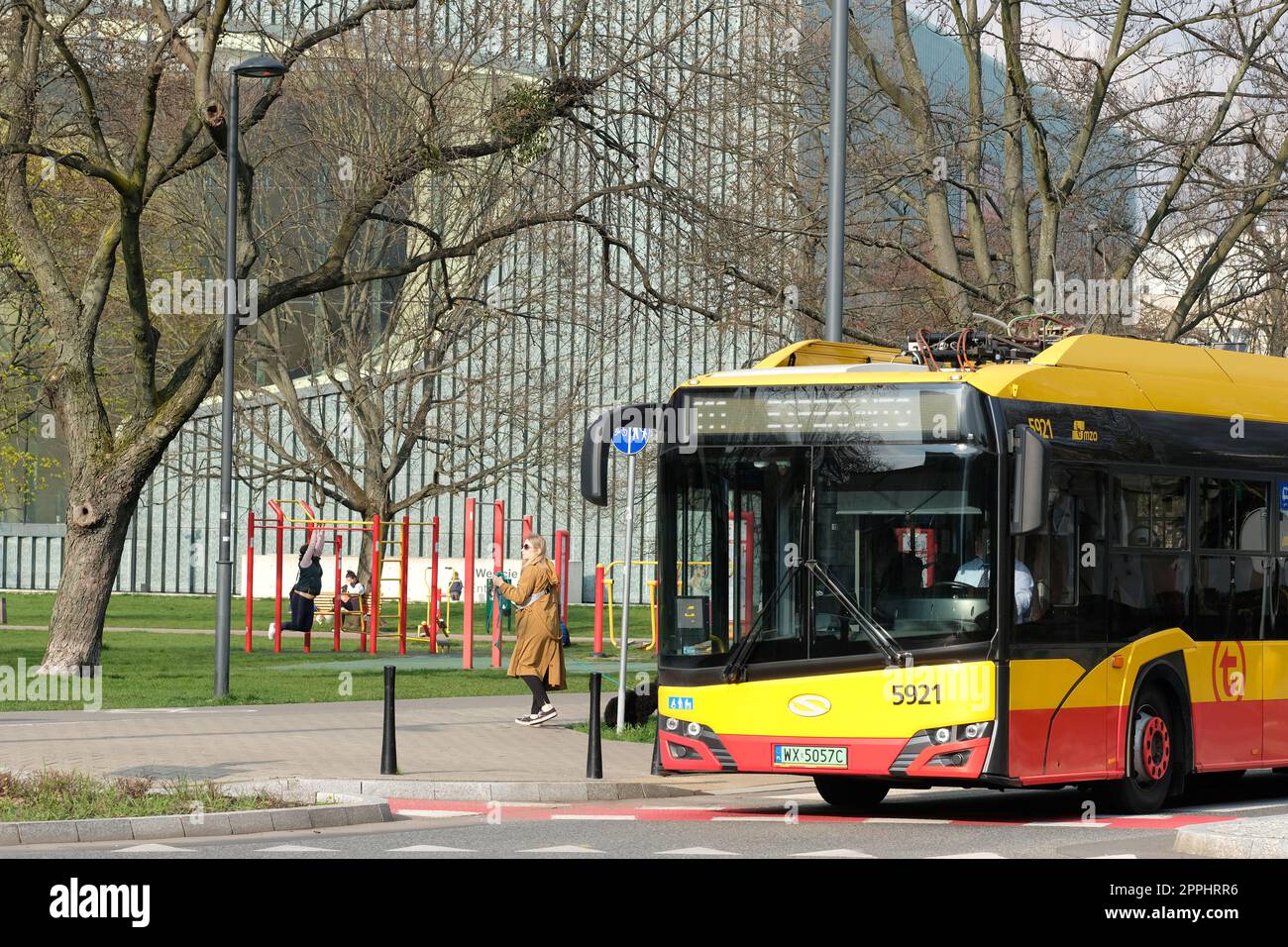 Warsaw Poland a public transport bus passes in front of the modern ...