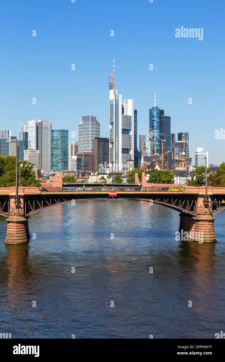 Frankfurt skyline with Main river and Ignatz Bubis Bridge travel traveling portrait format in Germany Stock Photo