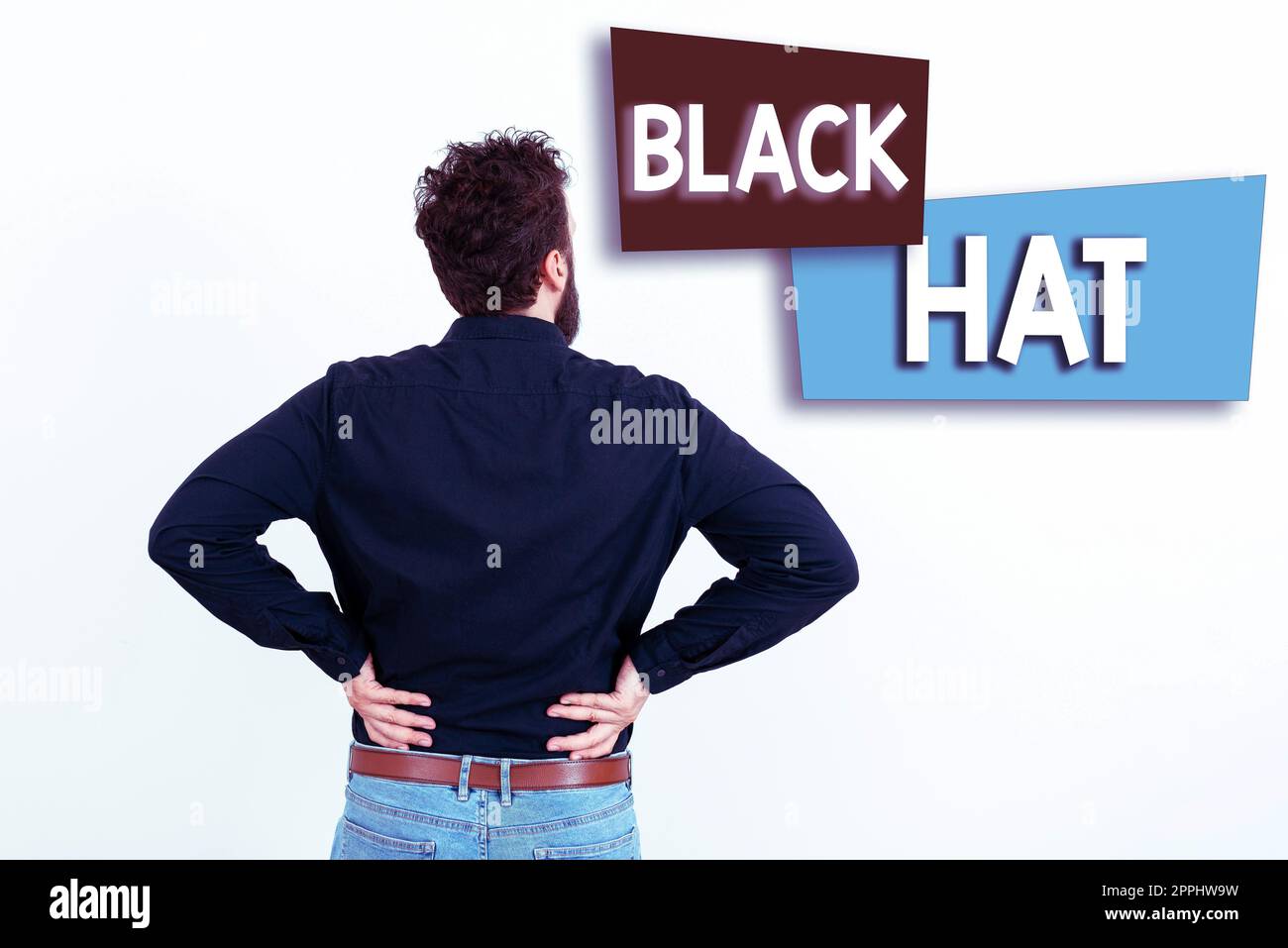 Text sign showing Black Hat. Word Written on used in reference to a bad person especially a villain or criminal Stock Photo